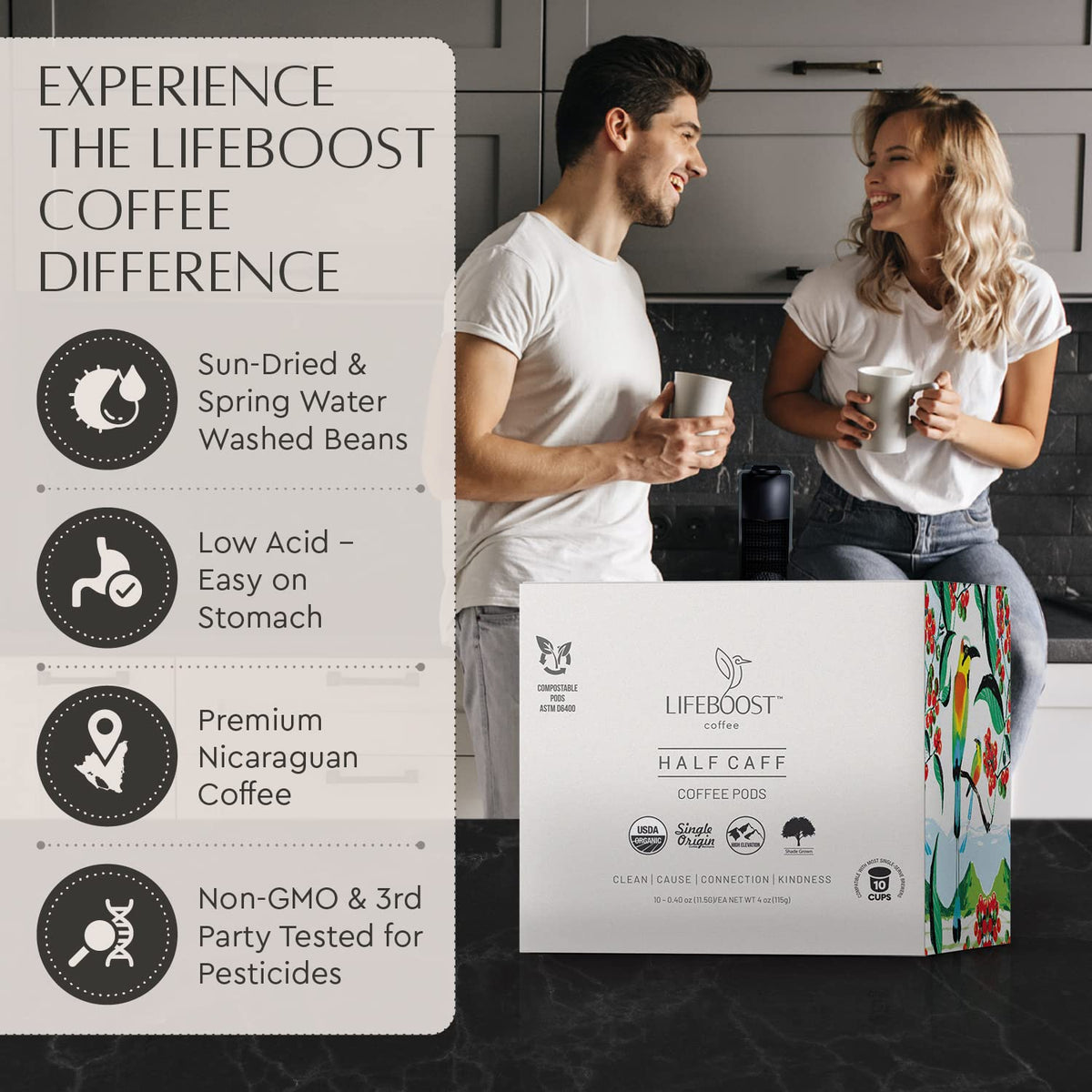 Front view of Lifeboost Half Caff box for convenient daily brewing.