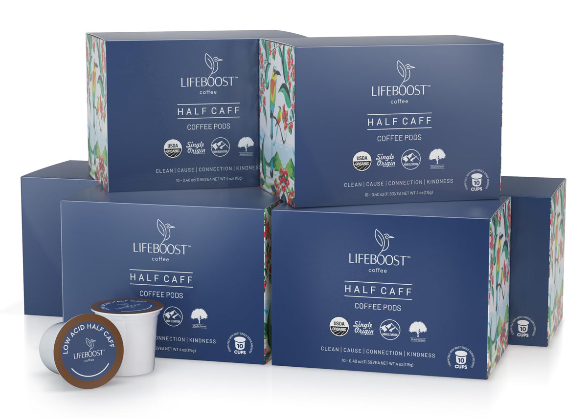 Box opened to reveal Lifeboost Half Caff pods for easy use.