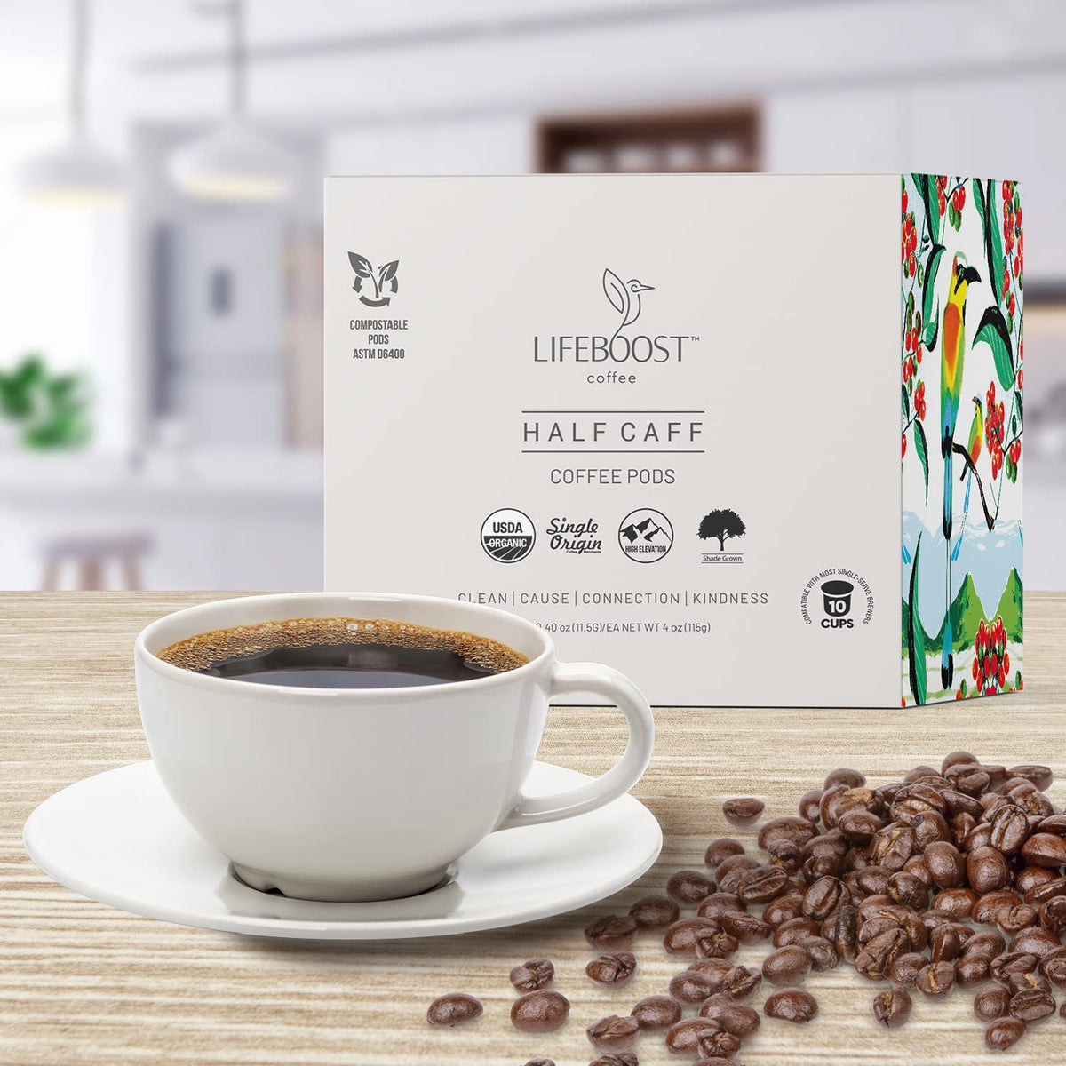 Close-up of Lifeboost Half Caff pods with fresh seal indicating mold-free design.