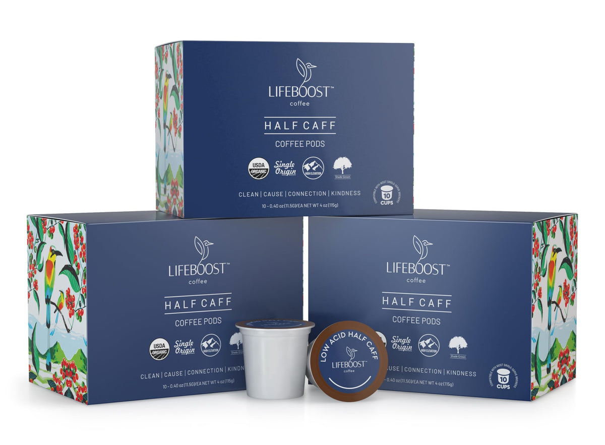 Aromatic Lifeboost Half Caff steam hints at rich flavor.