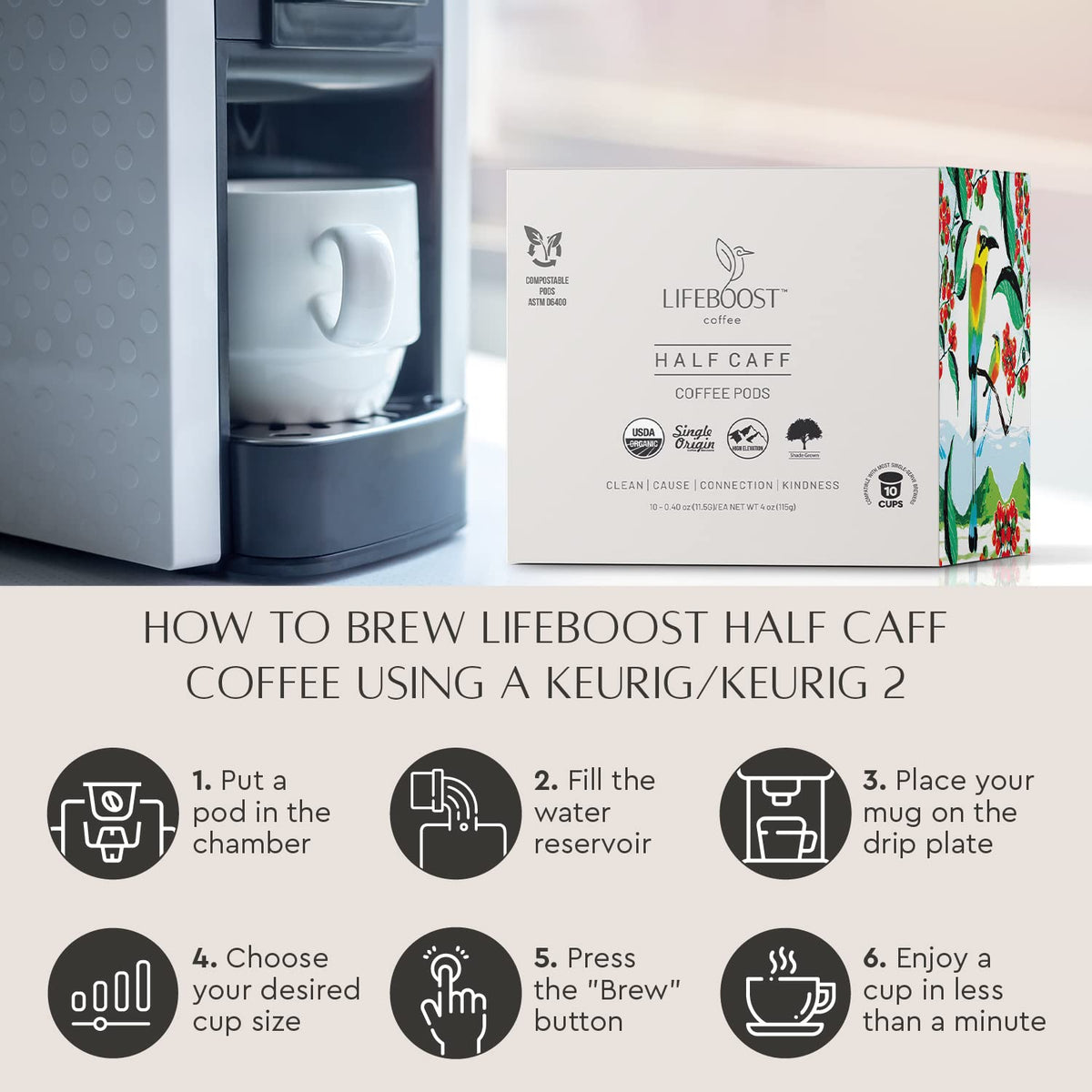 Lifeboost Half Caff aroma and smooth low-acid brew in a mug.