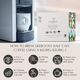 Lifeboost Half Caff aroma and smooth low-acid brew in a mug.