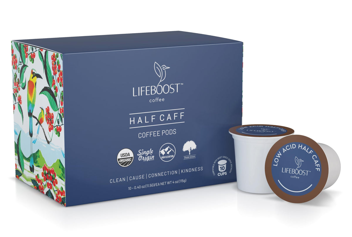 Lifeboost Half Caff K Cups packaging displays the brand and low acidity promise.
