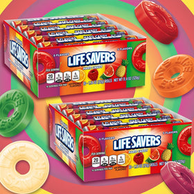 Assorted Life Savers flavors in individually wrapped rolls for office snacks.