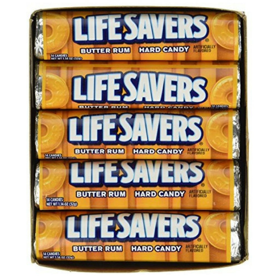 Life Savers Butter Rum candy packaging close-up, ideal for sharing at gatherings.
