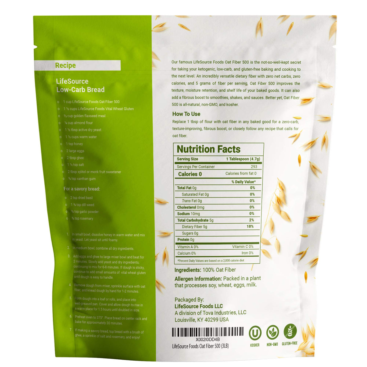 LifeSource Foods Oat Fiber 500 bottle pouring, zero-carb fiber boosts dough structure