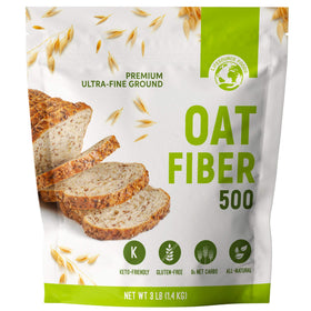 LifeSource Foods Oat Fiber 500 packaging shown as gluten-free fiber source for low-carb baking