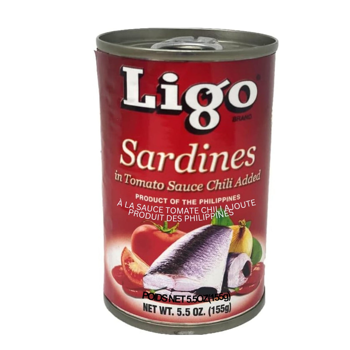 LIGO label closeup on sardines in tomato chili spicy can with bold flavor cues