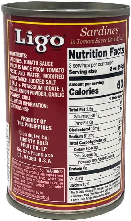 LIGO nutrition facts panel highlighting protein and omega content in sardines