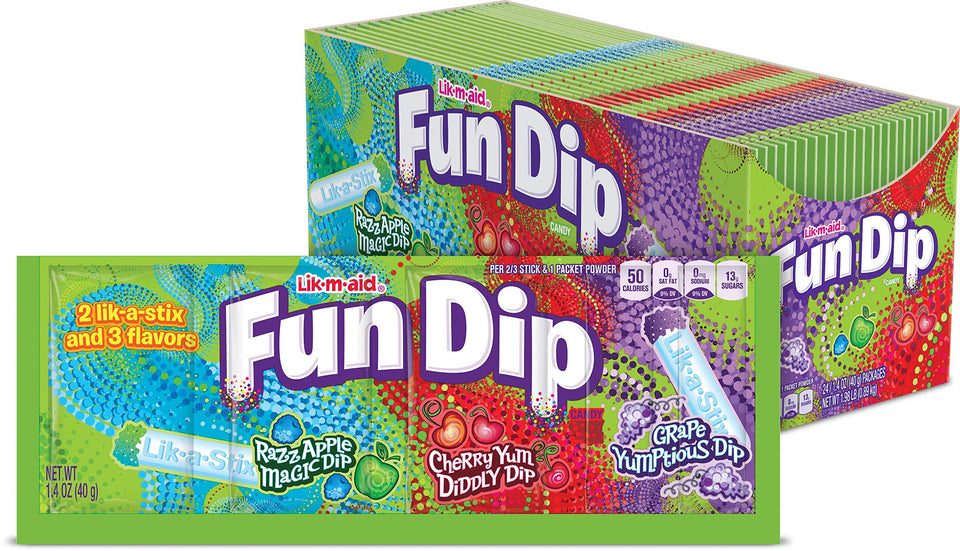 Lik-M-Aid Fun Dip package with dipping sticks, ideal party treat