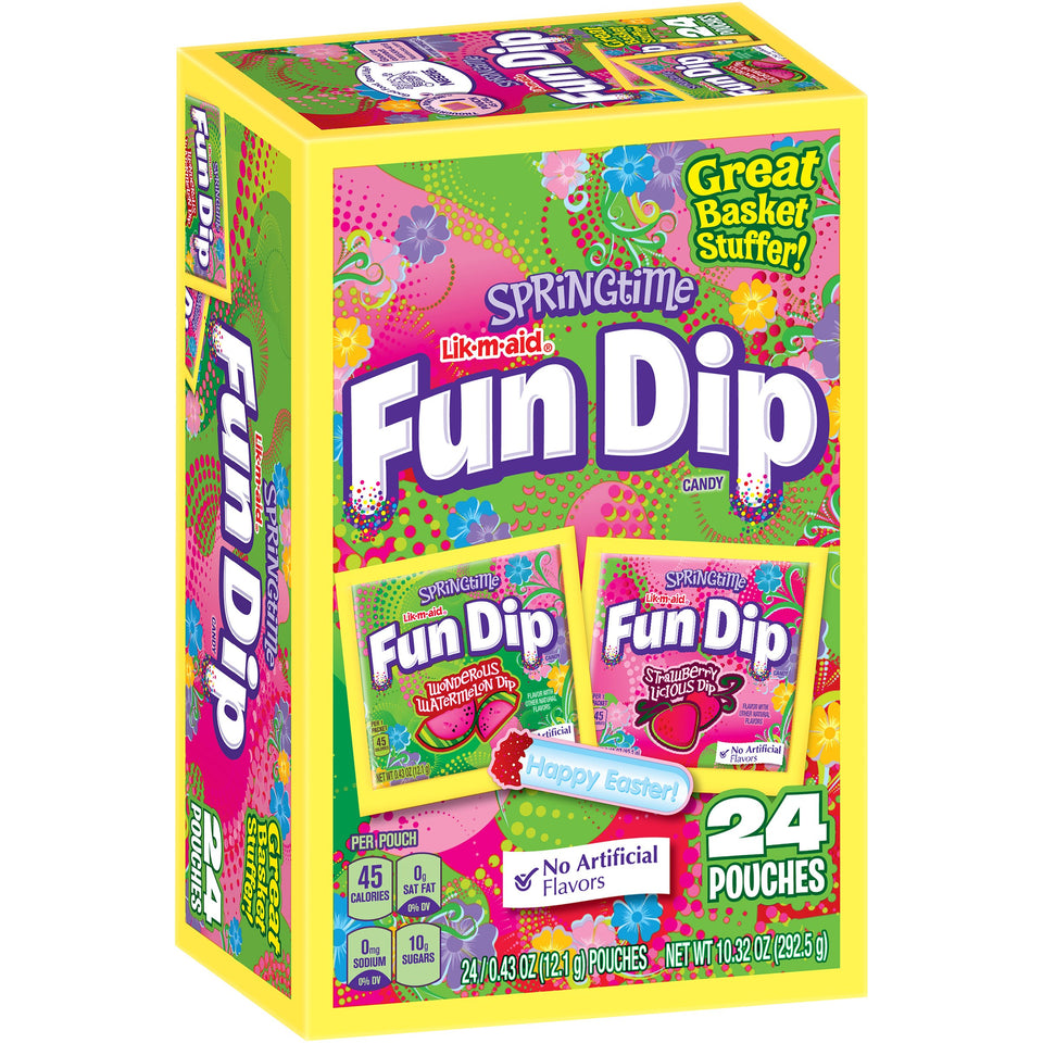 Lik-M-Aid Springtime Fun Dip 24-pouches packaging, ideal for celebrations and snacks