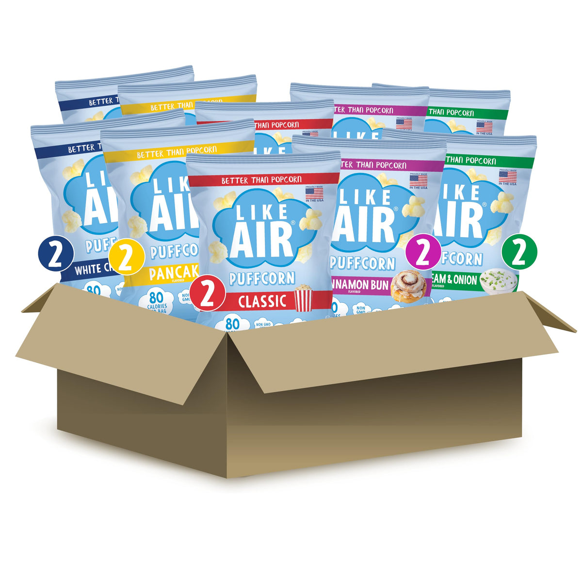 Like Air Puffcorn 5 flavor pack front view for easy on-the-go snacking