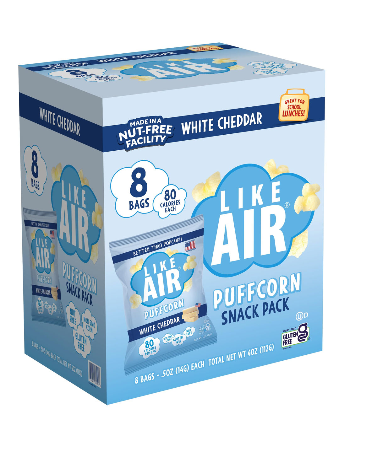 Like Air Puffcorn 8-pack White Cheddar box, ideal for on-the-go snacking.