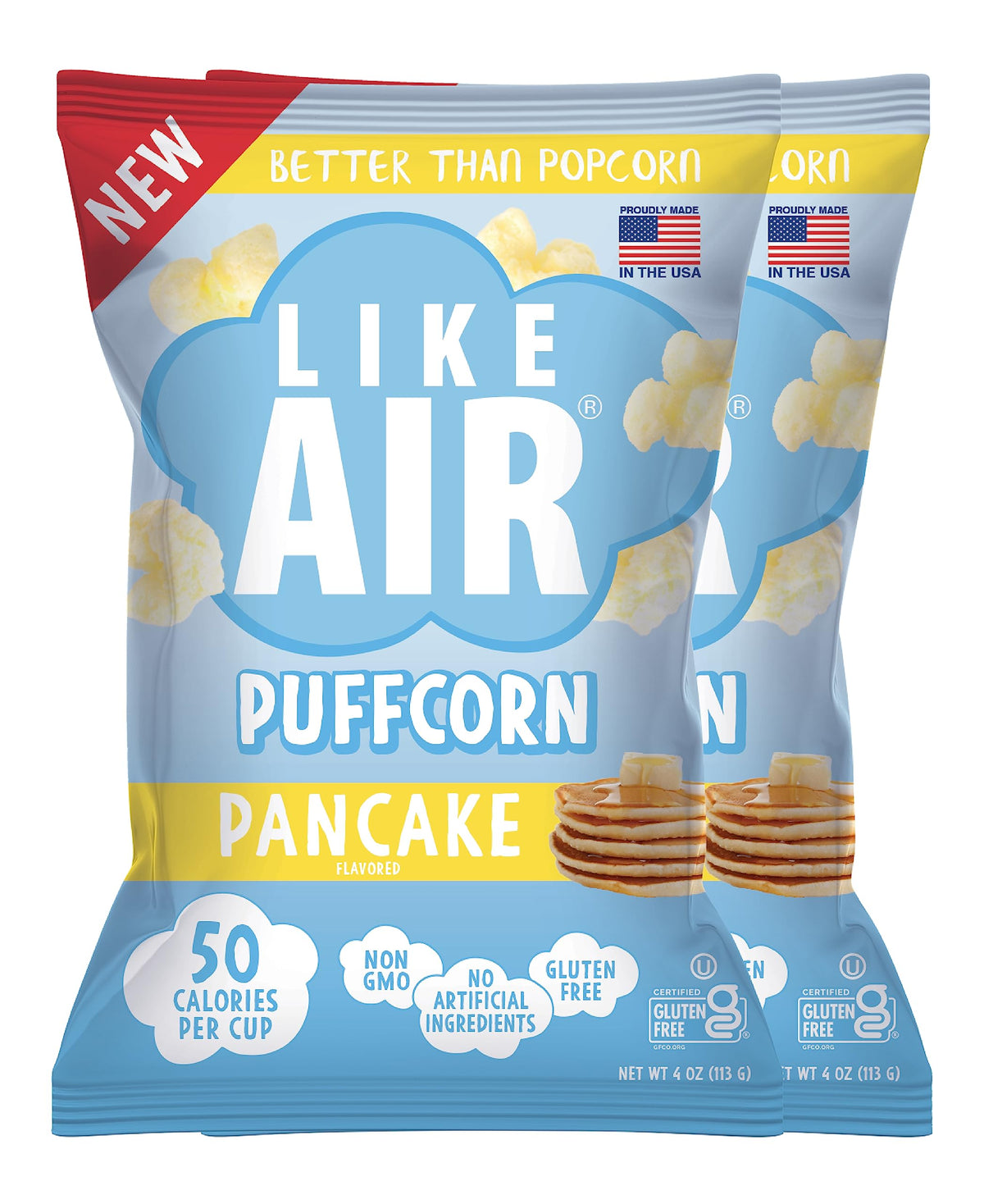 Like Air Puffcorn Pancake bags offer a light, gluten-free snack with 50 calories per cup.