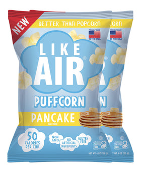 Like Air Puffcorn Pancake bags offer a light, gluten-free snack with 50 calories per cup.