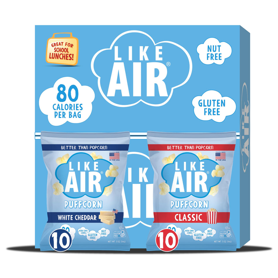 Like Air Puffcorn two-flavor variety pack display for on-the-go snacking