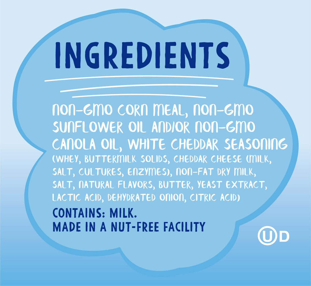 Like Air Puffcorn White Cheddar ingredients close-up, non-GMO corn and no artificial additives