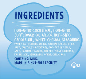 Like Air Puffcorn White Cheddar ingredients close-up, non-GMO corn and no artificial additives