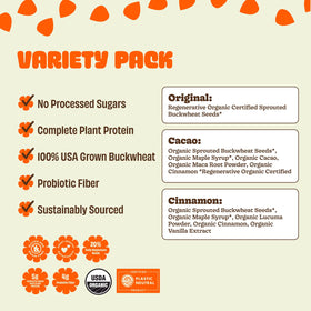 Lil Bucks cinnamon-pack sprouted buckwheat seeds add crunchy texture