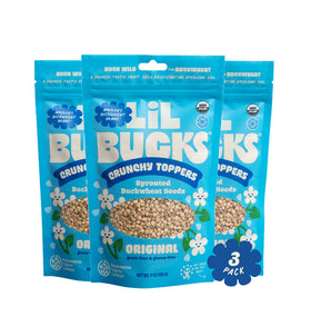 Lil Bucks sprouted buckwheat seeds on the original pack front for a gluten-free snack.