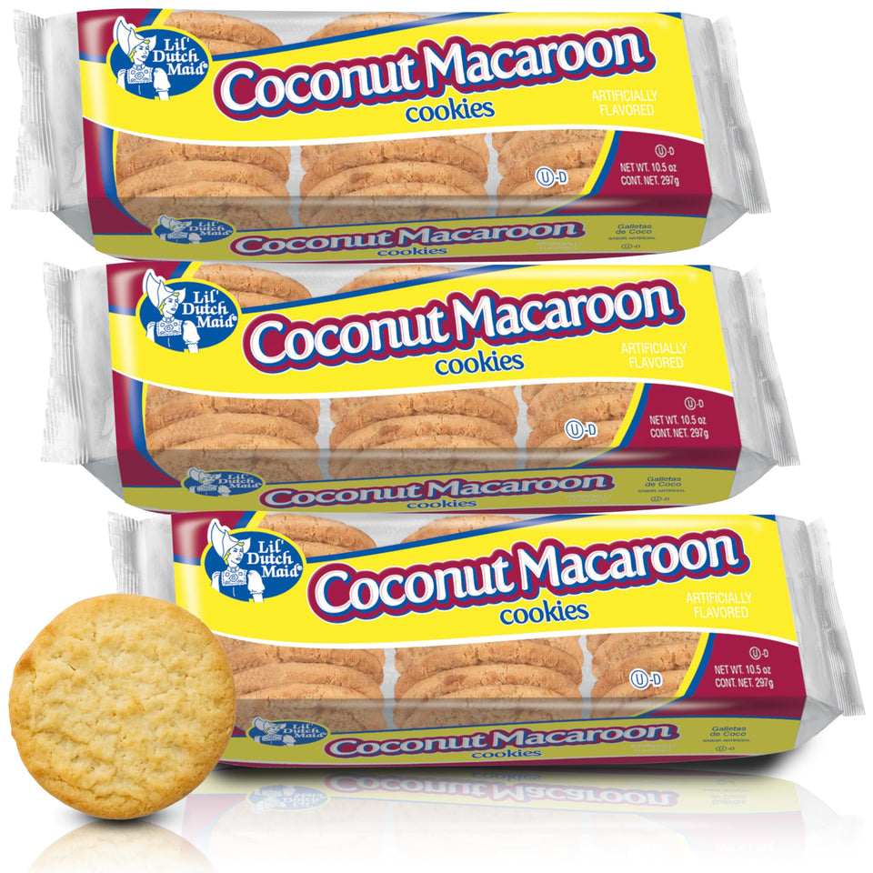 Lil Dutch Maid Coconut Macaroon Cookies three-pack front view, ideal for sharing