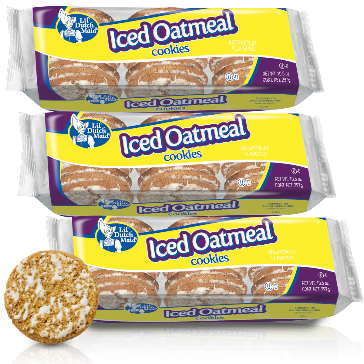 Lil Dutch Maid Iced Oatmeal Cookies pack on pantry shelf, perfect for sharing.