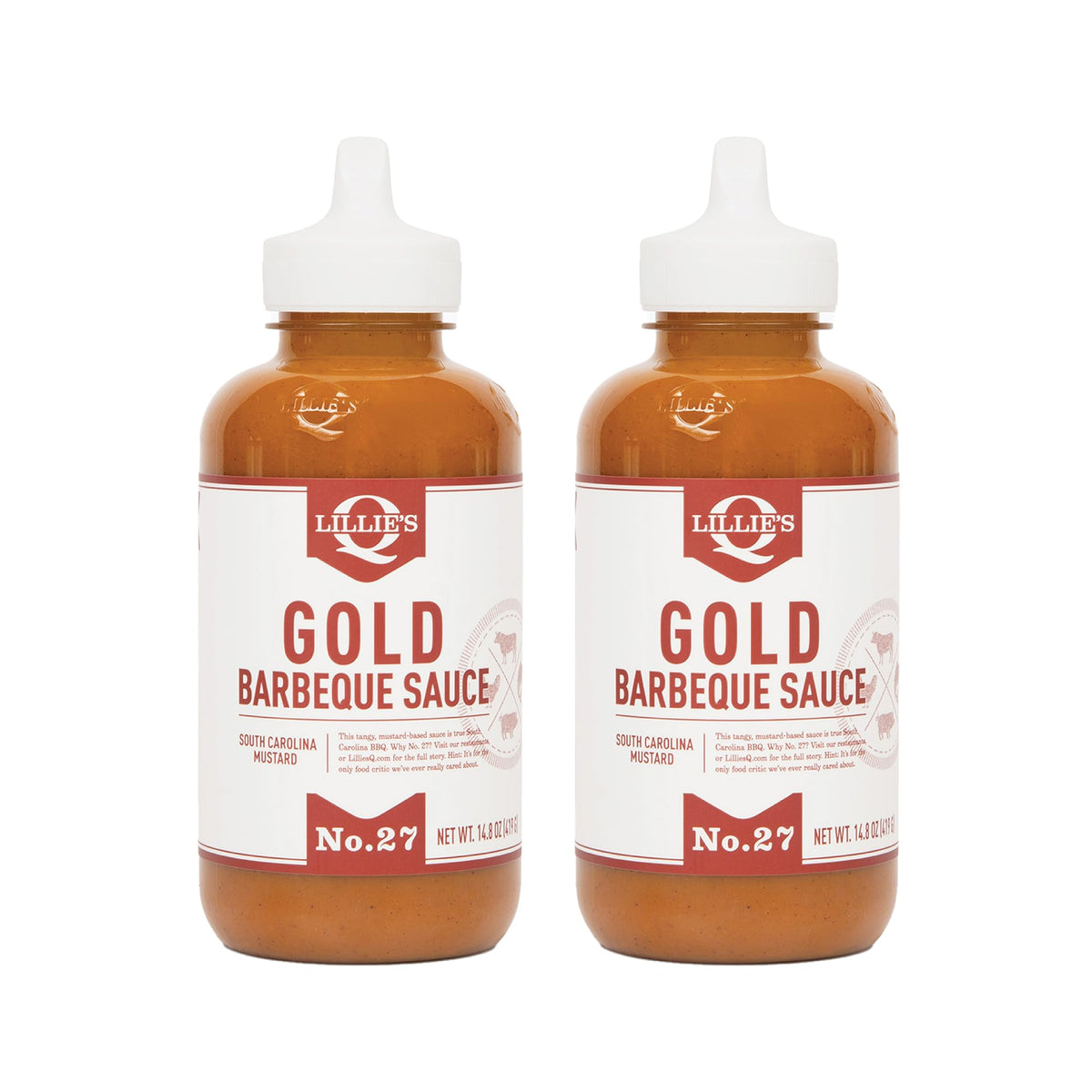 Lillie's Q Gold Barbeque Sauce bottle showing mustard-forward flavor ready for grilling.