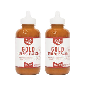 Lillie's Q Gold Barbeque Sauce bottle showing mustard-forward flavor ready for grilling.