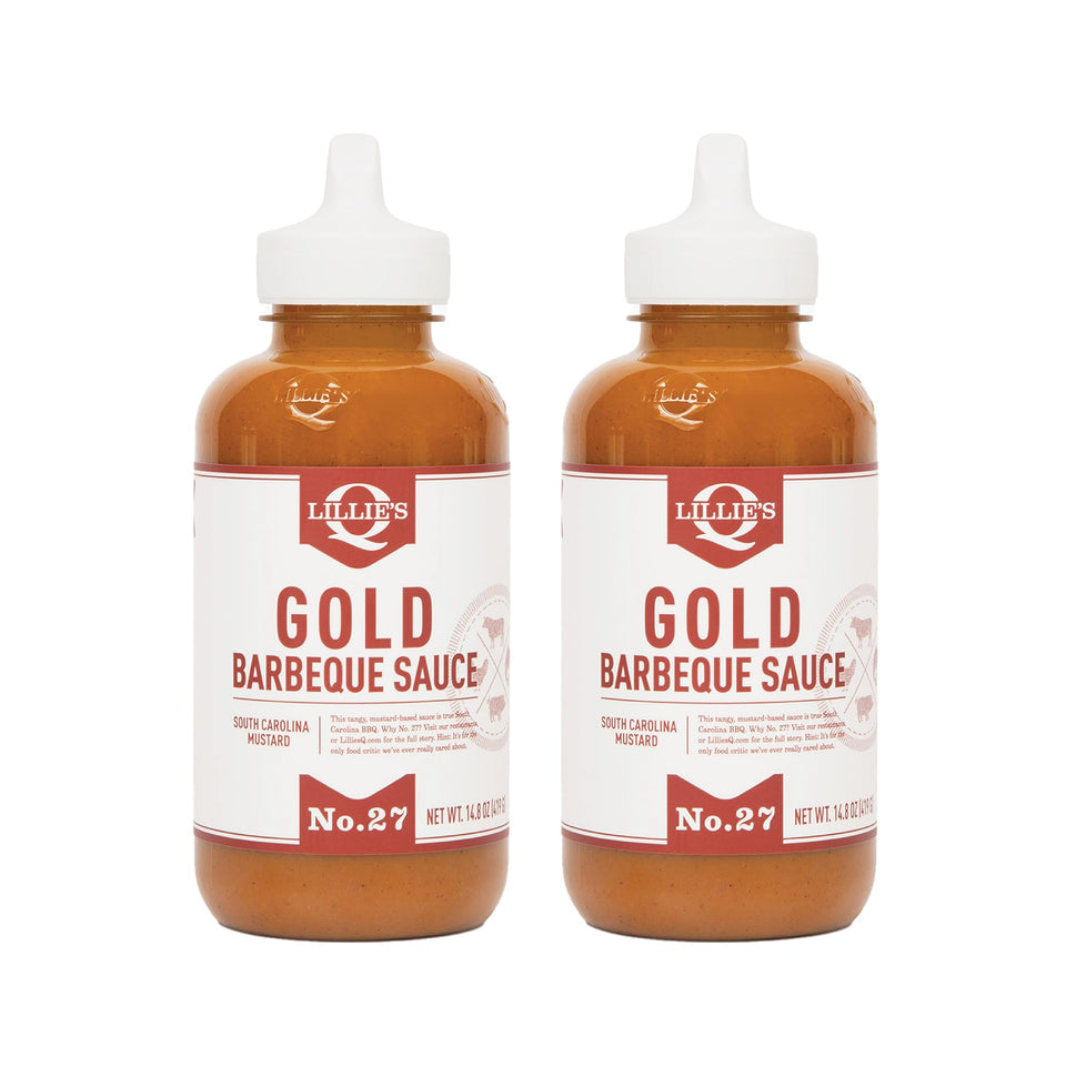 Lillie's Q Gold Barbeque Sauce bottle showing mustard-forward flavor ready for grilling.