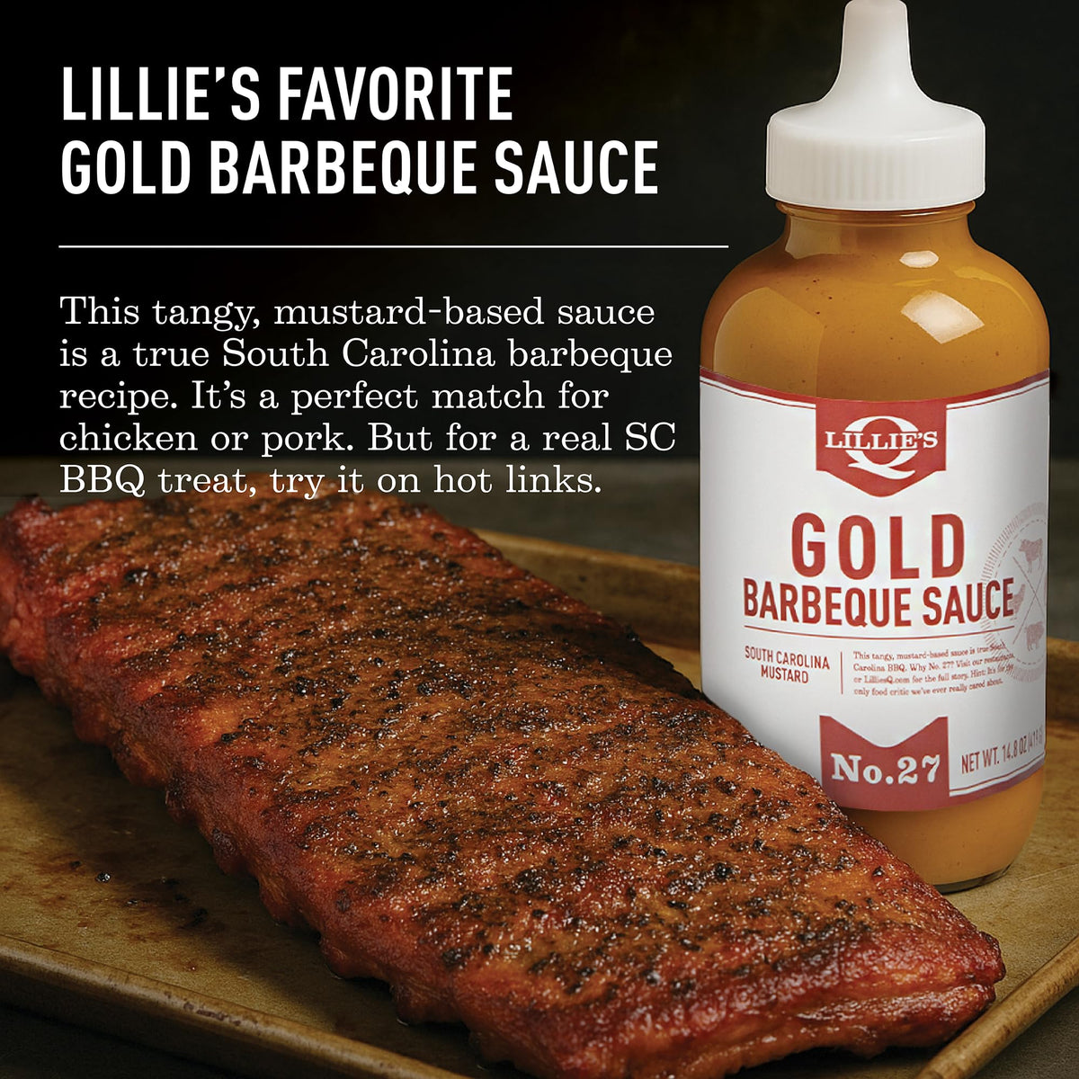 Glazed ribs with Lillie's Q Gold Barbeque Sauce for a glossy finish.