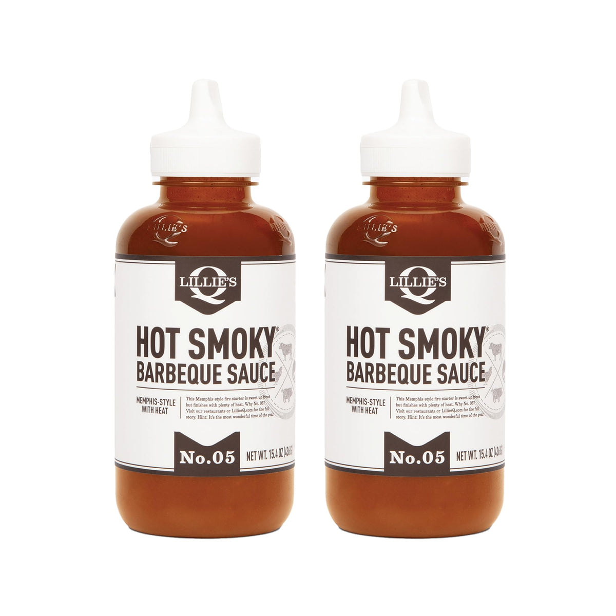 Lillie's Q hot smoky sauce bottle showcases bold flavor for grilling.