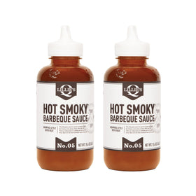 Lillie's Q hot smoky sauce bottle showcases bold flavor for grilling.