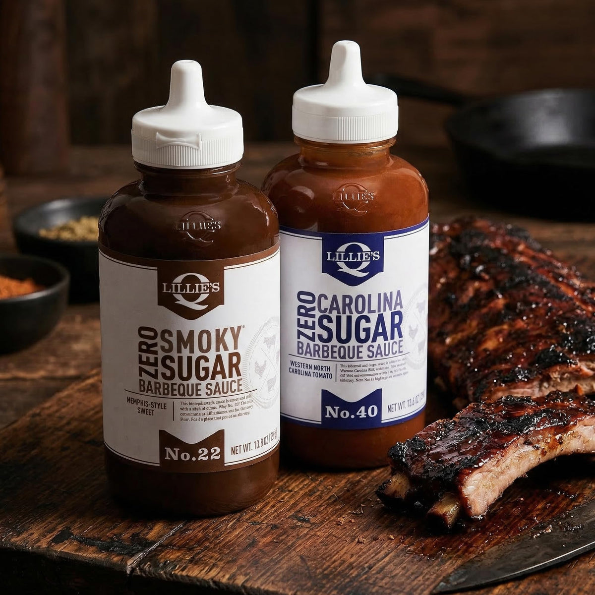 Lillie’s Q squeezy bottle display highlights mess-free flavor control.