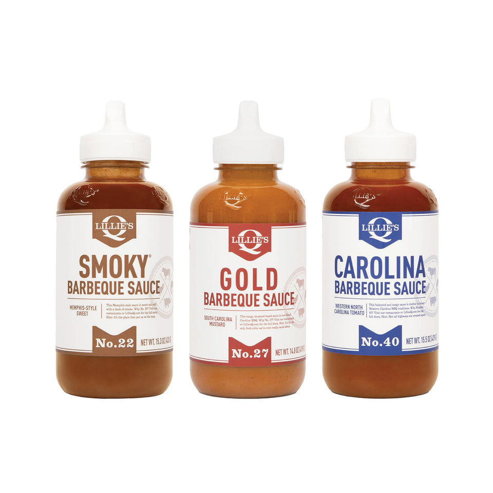 Lillie's Q Smoky sauce bottle—sweet, smoky glaze for burgers and nachos.