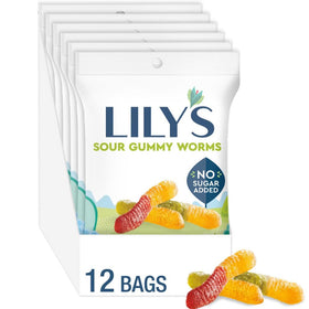 LILY'S Sour Gummy Worms bags show no sugar added and gluten-free snacking for anytime treats.