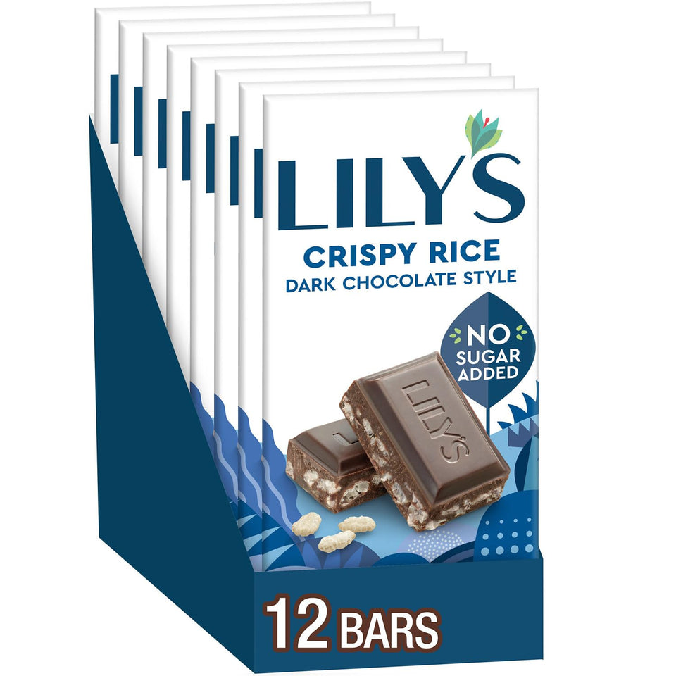 LILY'S Crispy Rice Dark Chocolate Style bulk box of twelve bars for sharing