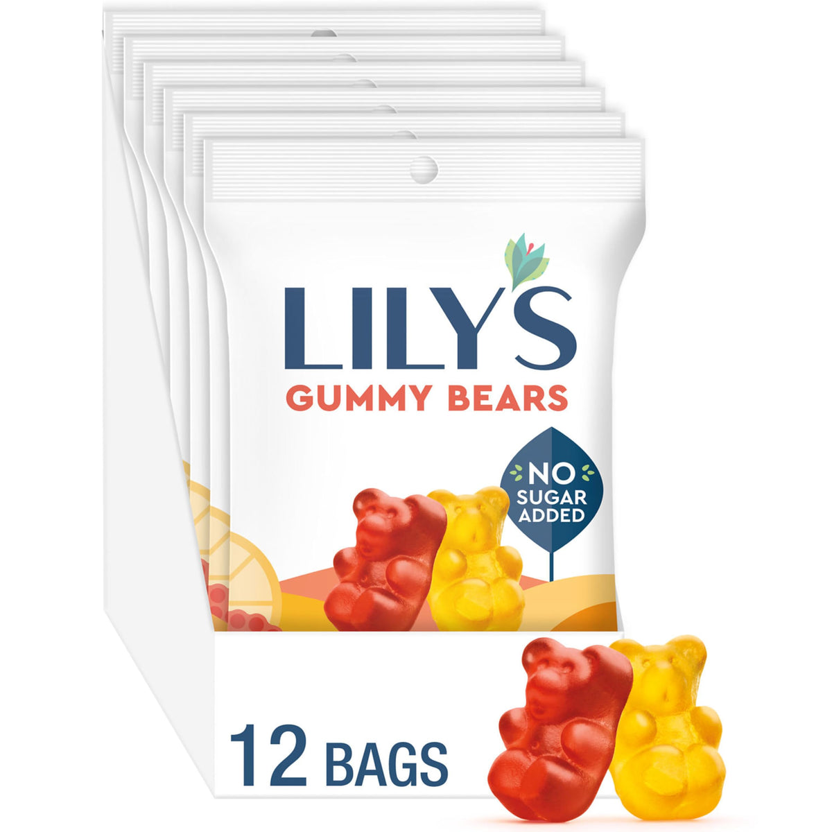 LILY'S gummy bears assorted fruit flavors in a 12-pack bag, ideal for convenient snacking.
