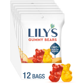 LILY'S gummy bears assorted fruit flavors in a 12-pack bag, ideal for convenient snacking.