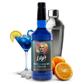Lily's Mixers Blue Curacao bottle ready for vibrant cocktails and mocktails