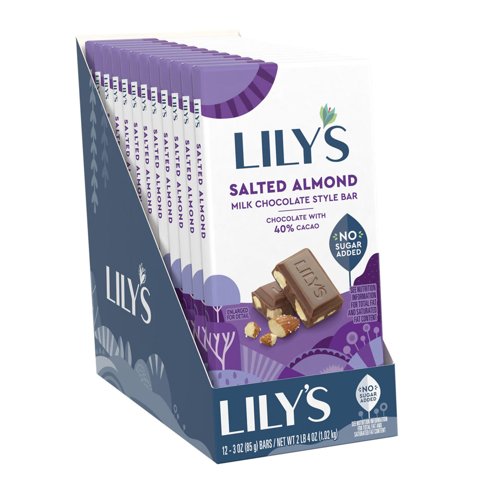 LILY'S Salted Almond Milk Chocolate Style bars bulk box, ideal for sharing at events.