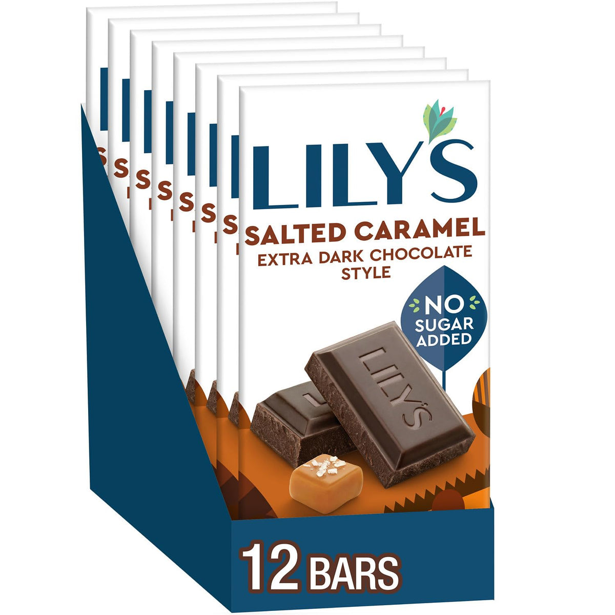 LILY'S Salted Caramel Extra Dark Chocolate Style bar close-up, ready for a quick, satisfying snack.