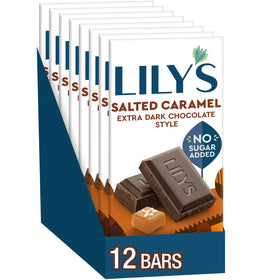 LILY'S Salted Caramel Extra Dark Chocolate Style bar close-up, ready for a quick, satisfying snack.