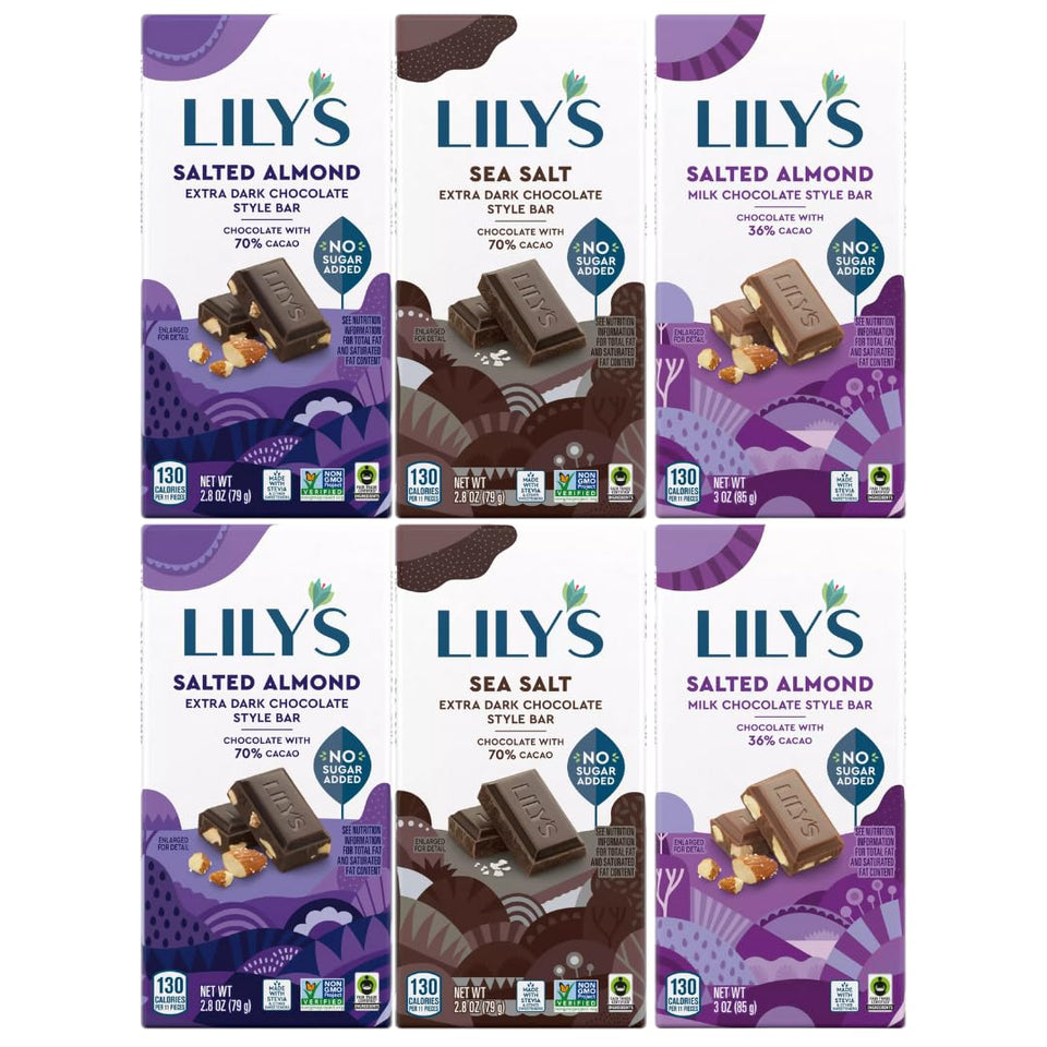 Lily's Salted Chocolate Lovers Milk Salted Almond bar, creamy with nutty crunch.