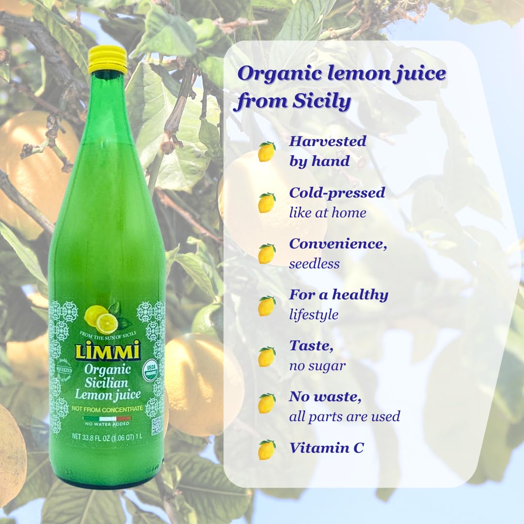 Limmi lemon juice bottle pouring action suggests easy addition to recipes.
