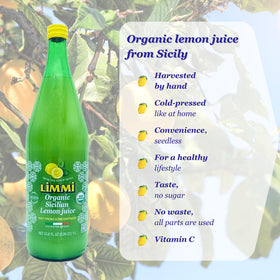 Limmi lemon juice bottle pouring action suggests easy addition to recipes.