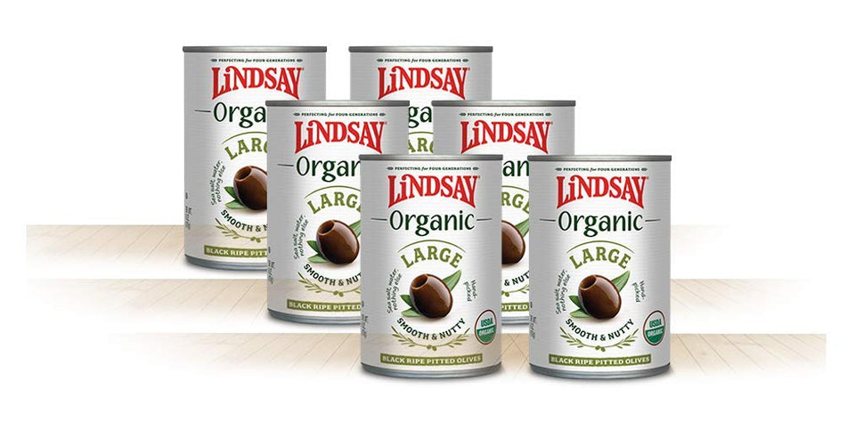 Lindsay Organic Large Black Ripe Pitted Olives can, ready for antipasti and cooking