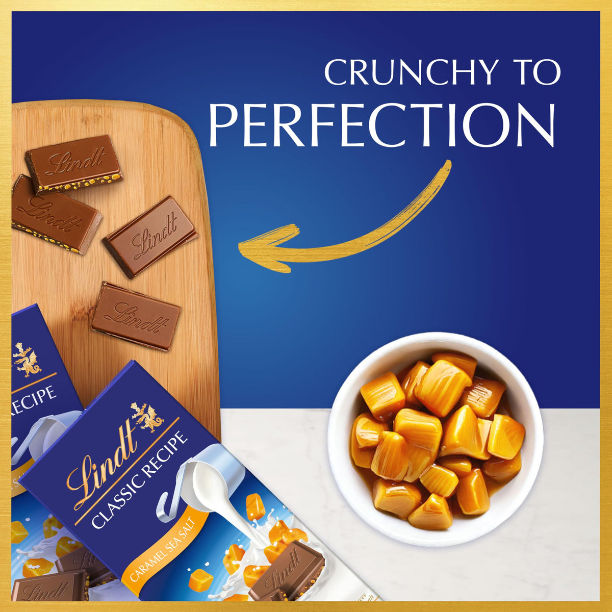Lindt Classic Recipe caramel sea salt bar melt closeup showing silky texture