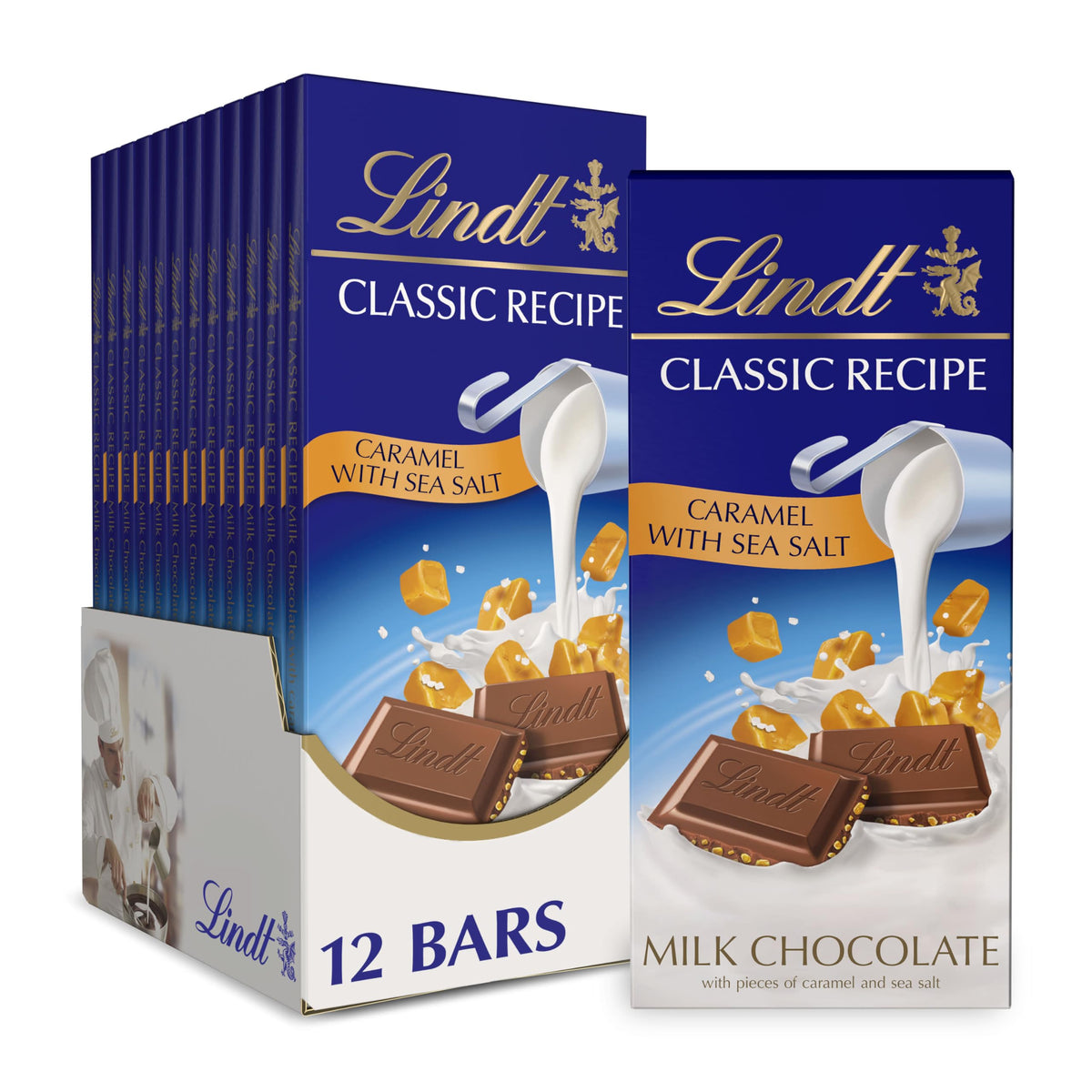 Lindt Classic Recipe caramel sea salt bar unwrap to show premium gifting option