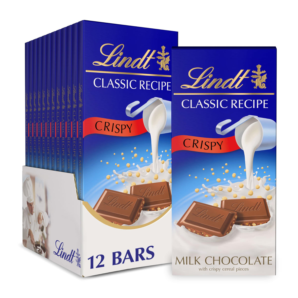 Lindt CLASSIC RECIPE Crispy Milk Bar 12-pack, ideal for sharing.