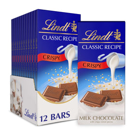 Lindt CLASSIC RECIPE Crispy Milk Bar 12-pack, ideal for sharing.